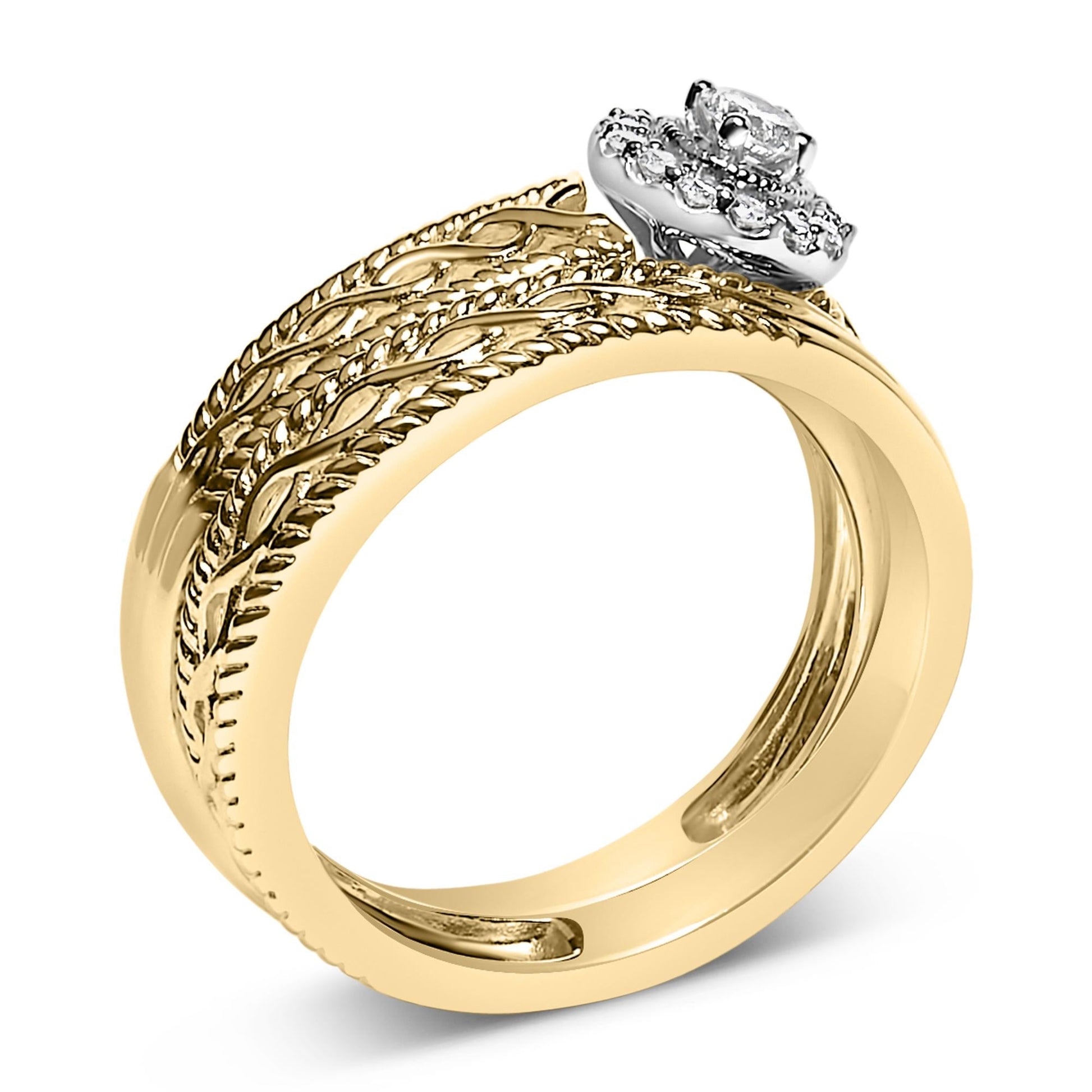 14K Yellow Gold Plated .925 Sterling Silver 1/5 Cttw Diamond Halo Engagement Ring and Wedding Band Set (I-J Color, I3 Clarity)-3