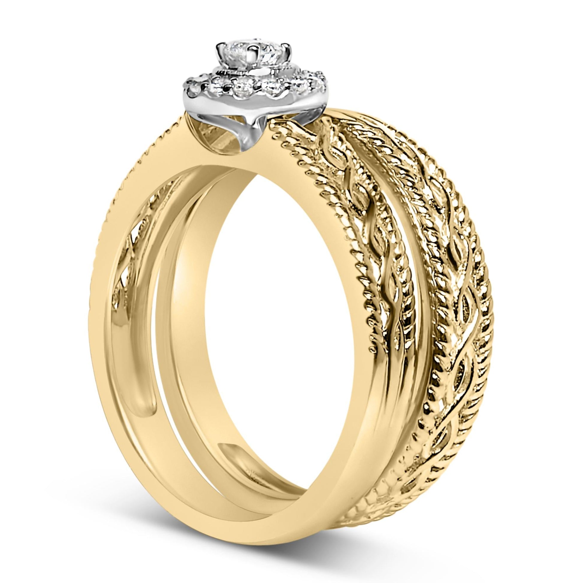 14K Yellow Gold Plated .925 Sterling Silver 1/5 Cttw Diamond Halo Engagement Ring and Wedding Band Set (I-J Color, I3 Clarity)-4