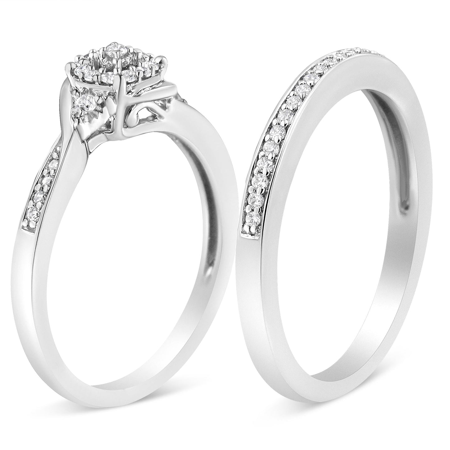 .925 Sterling Silver 1/4 Cttw Diamond Halo and Swirl Engagement Ring and Wedding Band Set (I-J Color, I3 Clarity)-3