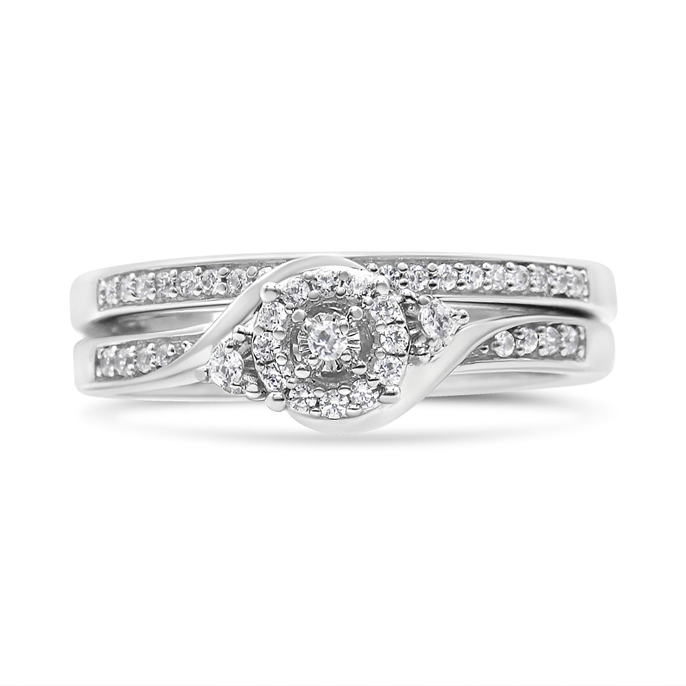 .925 Sterling Silver 1/4 Cttw Diamond Halo and Swirl Engagement Ring and Wedding Band Set (I-J Color, I3 Clarity)-4