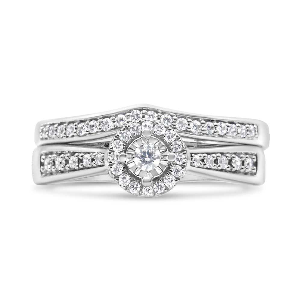 .925 Sterling Silver 1/3 Cttw Diamond Halo and Pave Shank Engagement Ring Set (I-J Color, I3 Clarity)-4