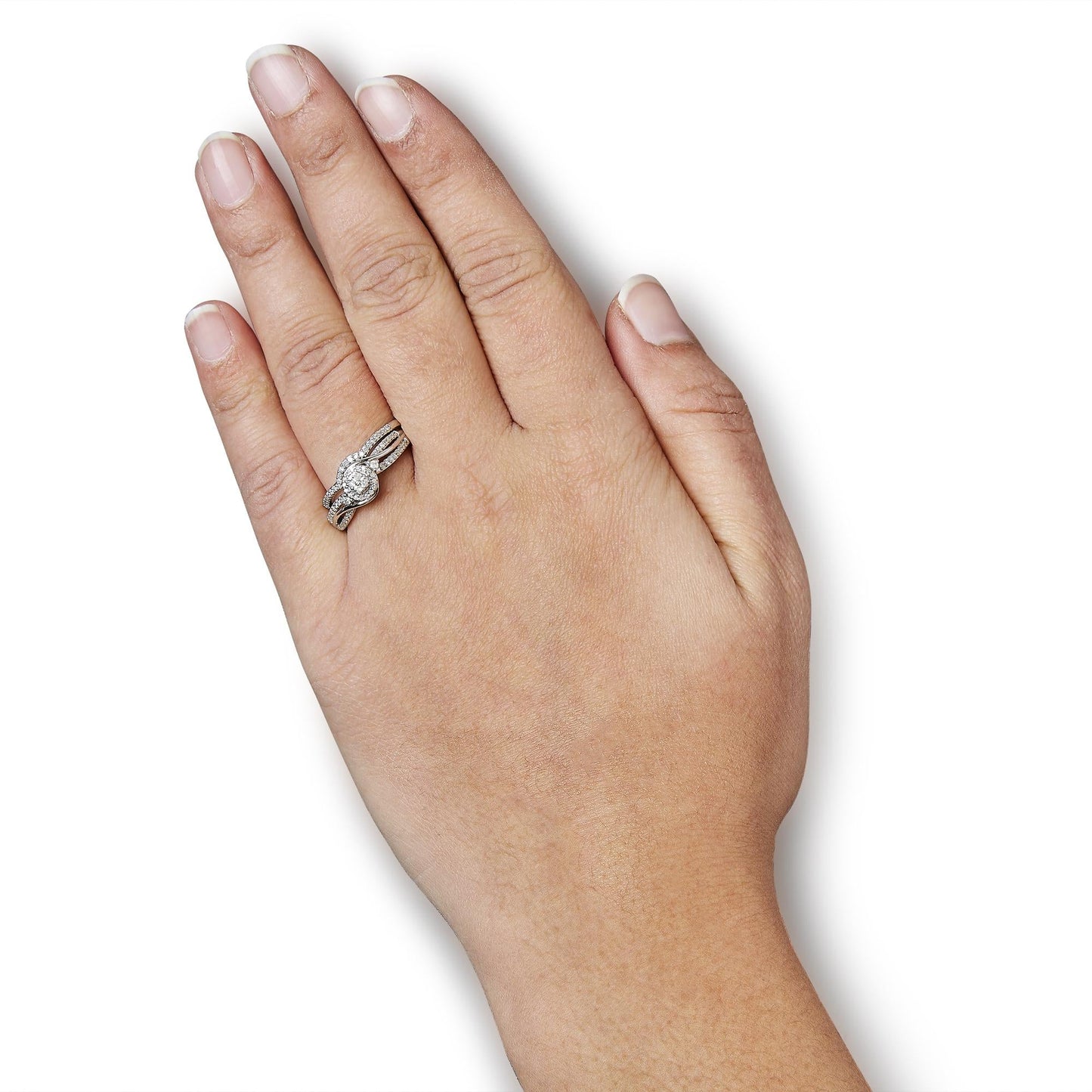 .925 Sterling Silver 1/3 Cttw Composite Diamond Frame Bypass Bridal Set Ring and Band (I-J Color, I2-I3 Clarity)-2