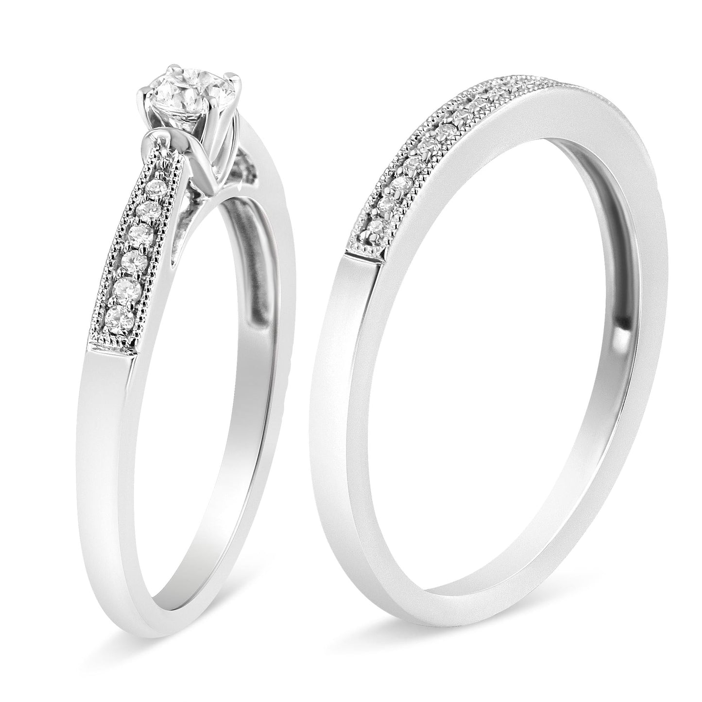.925 Sterling Silver 1/3 Cttw Diamond Classic Engagement Ring Bridal Set with Milgrain (I-J Color, I3 Clarity)-3