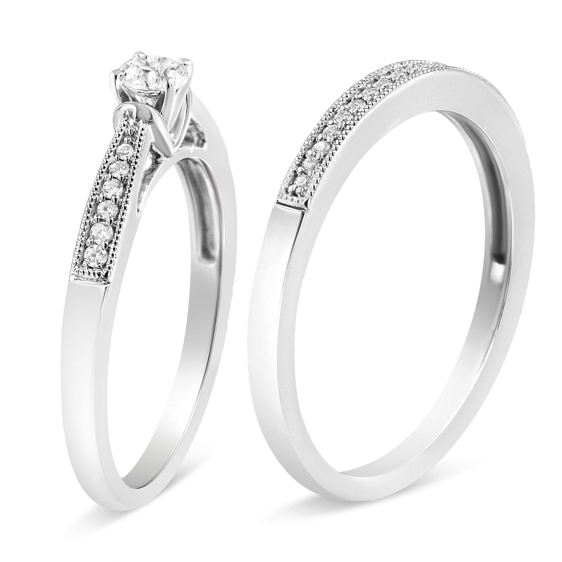 .925 Sterling Silver 1/3 Cttw Diamond Classic Engagement Ring Bridal Set with Milgrain (I-J Color, I3 Clarity)-3
