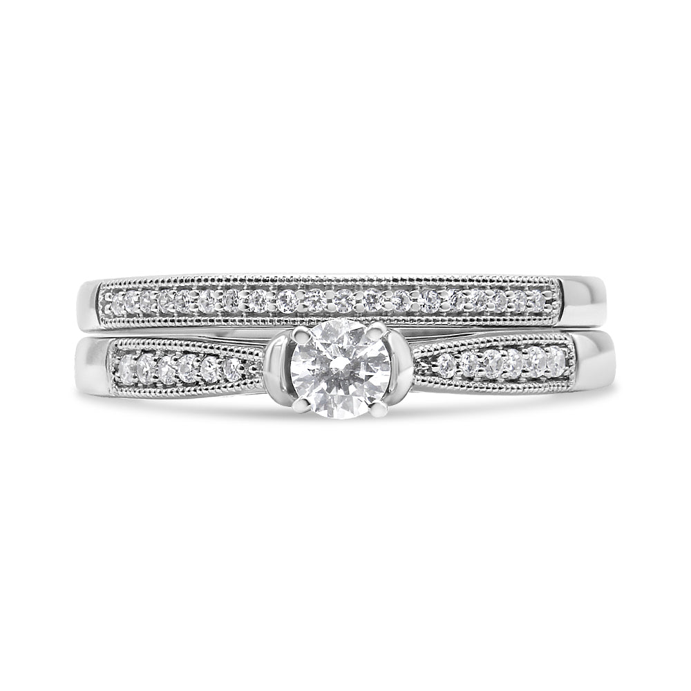 .925 Sterling Silver 1/3 Cttw Diamond Classic Engagement Ring Bridal Set with Milgrain (I-J Color, I3 Clarity)-4