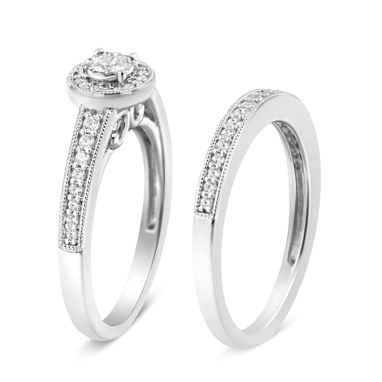 .925 Sterling Silver 1/2 Ctw Diamond Halo and Milgrain Engagement Ring Bridal Set (I-J Color, I3 Clarity)-3