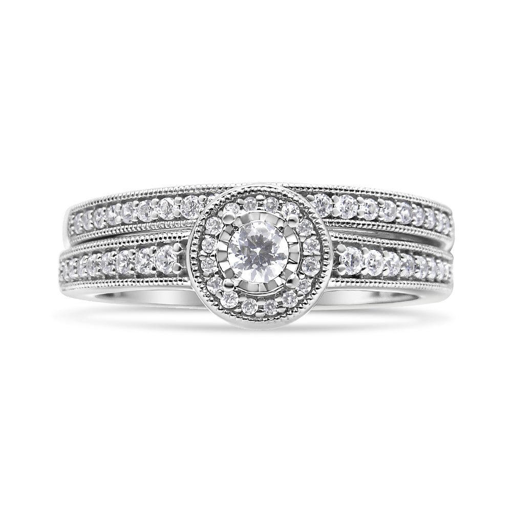 .925 Sterling Silver 1/2 Ctw Diamond Halo and Milgrain Engagement Ring Bridal Set (I-J Color, I3 Clarity)-4