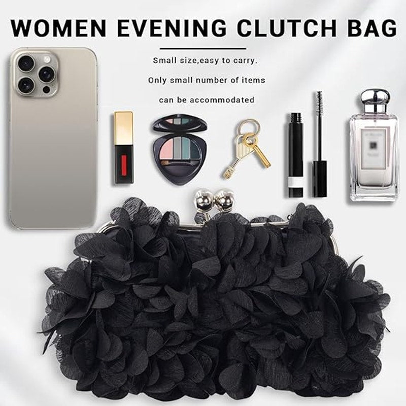 New Jambhala Black Flower Petal Clutch Bag with Detachable Shoulder Chains