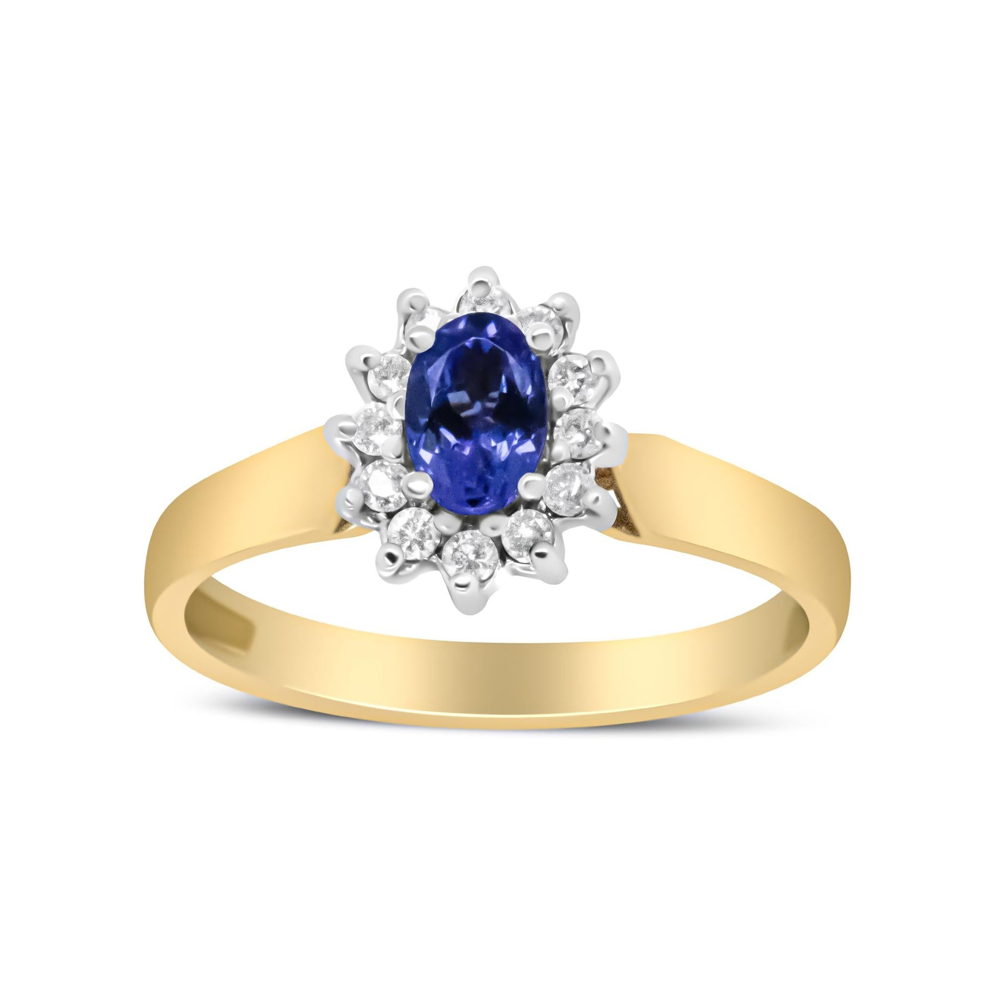 14K Yellow Gold 1/5 Cttw Round Diamond and 6x4mm Oval Blue Tanzanite Halo Ring (H-I Color, I1-I2 Clarity)-4