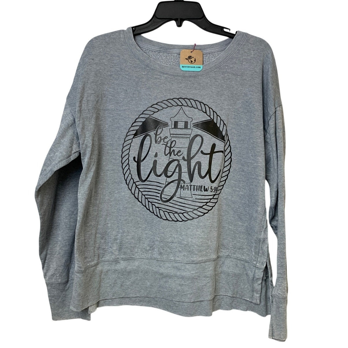 Upcycled Hand Printed Women Large Gray Jesus Be The Light Lightweight Sweatshirt