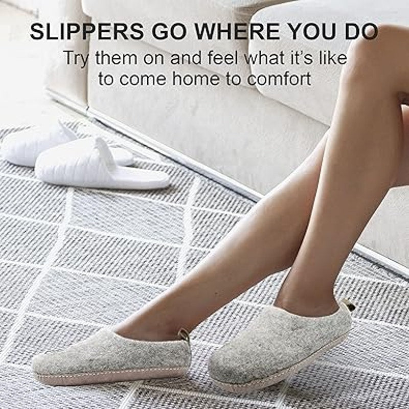 HS Womens 8.5 Gray Natural Organic Wool, Genuine Leather Sole Handmade Slippers