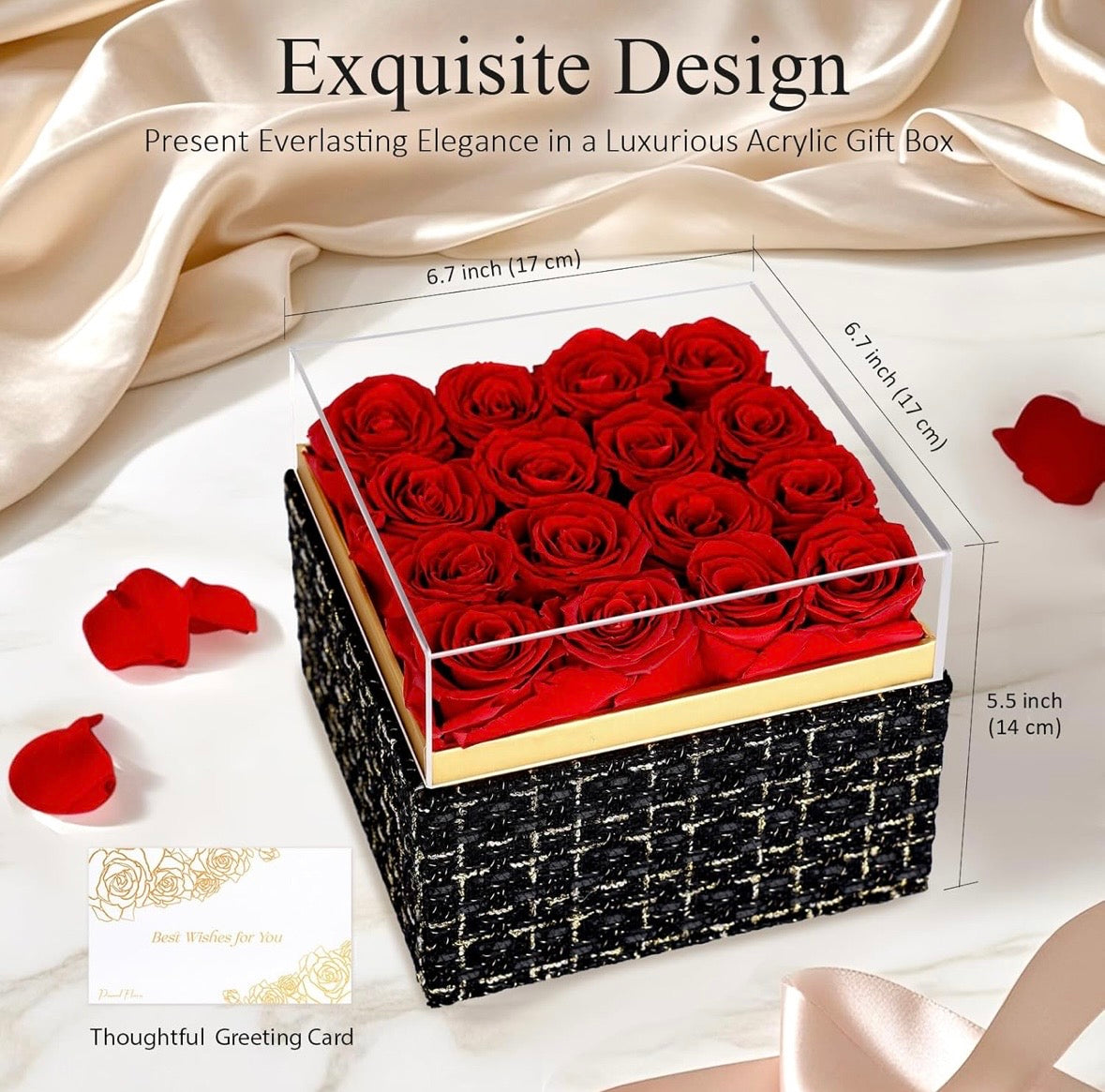 “Chic Thrills” 16 Count Preserved Rose Box, Eternal Pink / Red Forever Flowers Roses in Acrylic Box