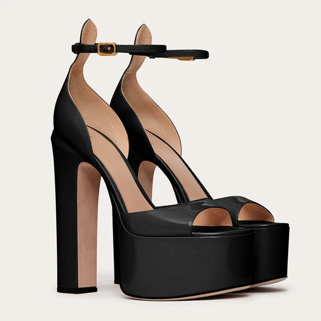 New Sexy Party Women's Pumps Patent Leather Summer Sandals Thick High Heel Platform Fish Mouth Shoes Black White Big Size