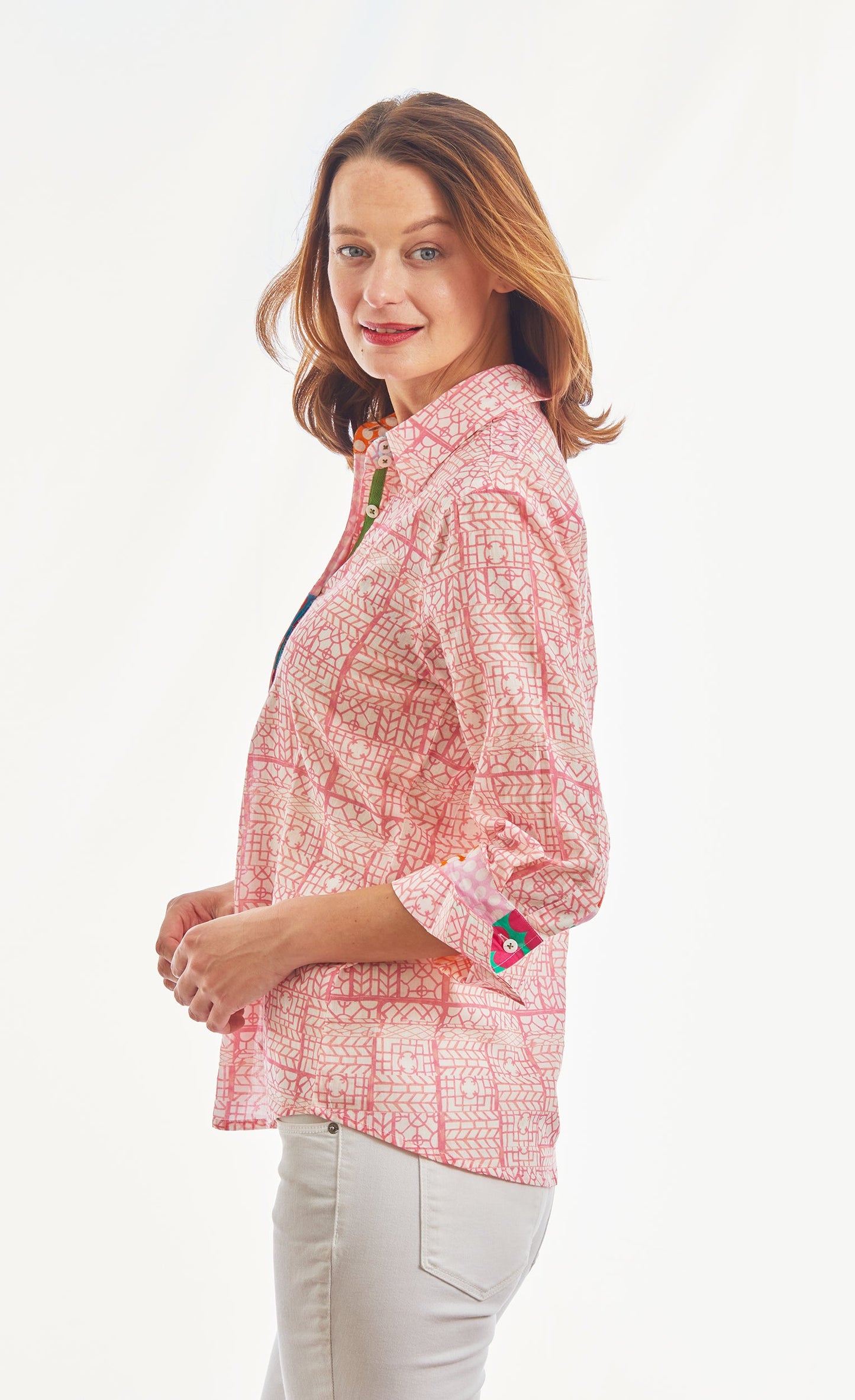 3/4 Sleeve Pink Tiny Geometric Print Voile