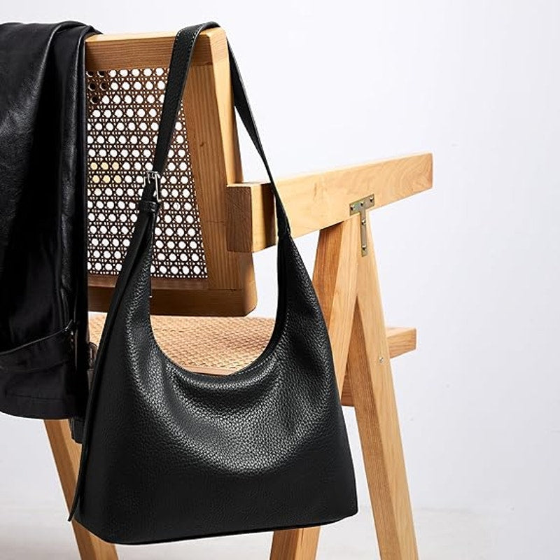 Kalidi Womens Black Faux Leather Adjustable Strap Zipper Close Crescent Tote Bag