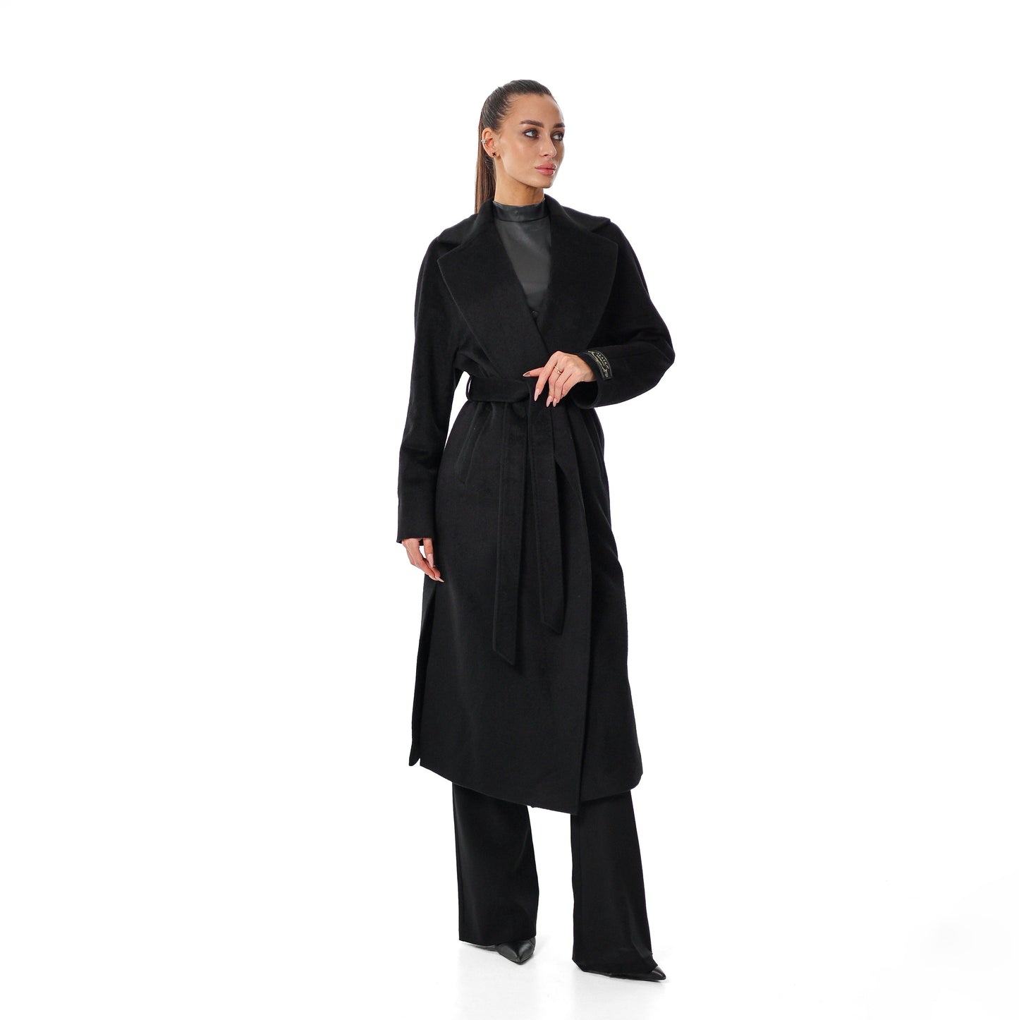 Cambridge Comfort Wraparound Wool Cashmere Coat in Black