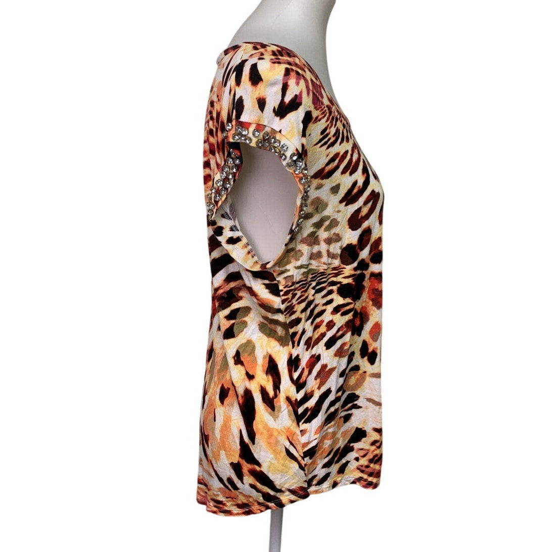 Jennifer Lopez Womens Large 100% Rayon Sleeveless Leopard Print Bejeweled Top