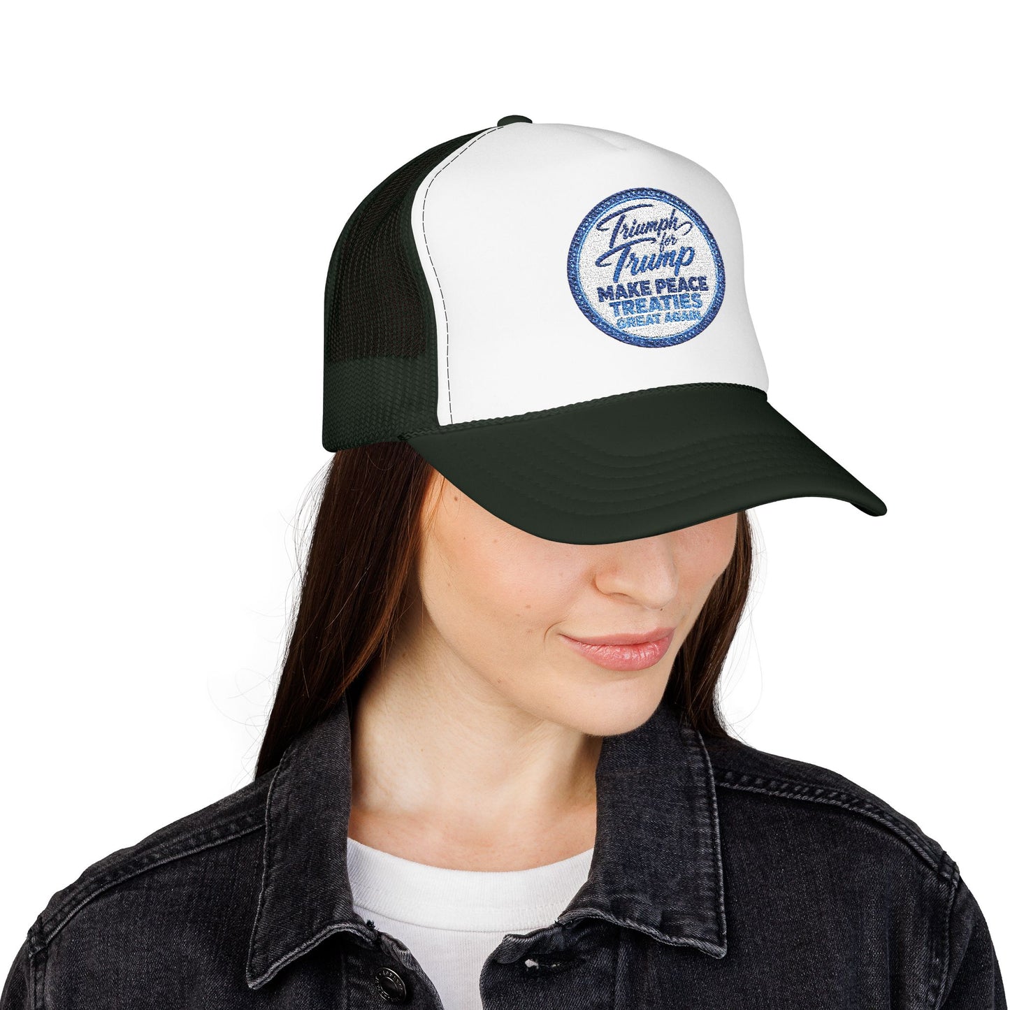 "Triumph for Trump: Make Peace Treaties Great Again" ✨EMBROIDERED Foam Trucker Hat — Vintage Trump Campaign Patch, Only @ LuxeByMimi✨