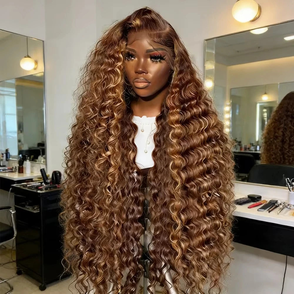 40 Inch Highlight Deep Wave Human Hair Wig on HD 13x6 lace frontal featuring long brown balayage curls with a natural hairline, 200% density, salon-quality styling, and realistic lace front design.