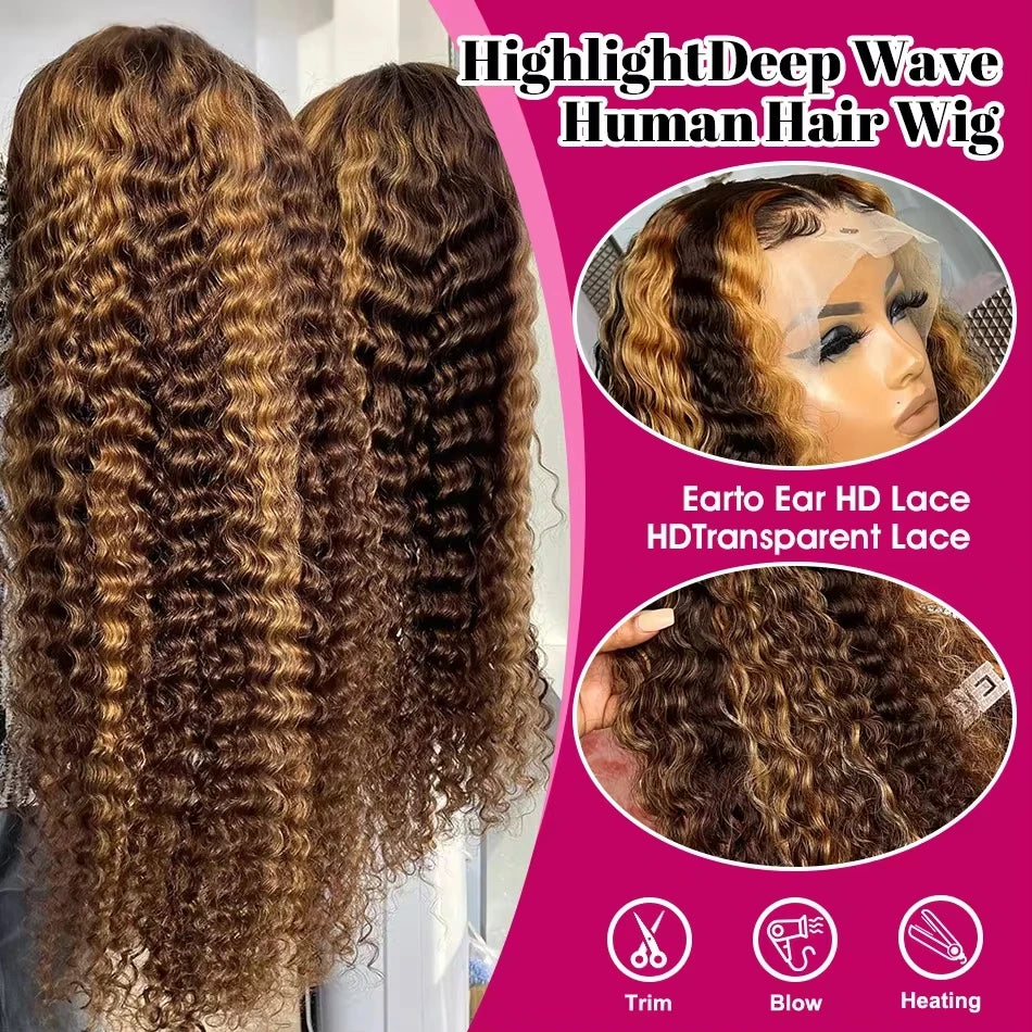 40 Inch Highlight Deep Wave Human Hair Wig with 13x6 HD Transparent Lace Frontal, 200 Density Curly Lace Front Wig in Brown and Blonde Highlights, Long Glueless Human Hair Wig for Women, Soft Deep Wave Texture, Natural Hairline, Heat Styleable Premium Remy Human Hair Wig