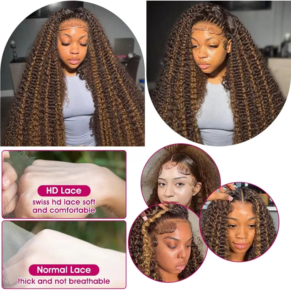 40 Inch Highlight Deep Wave Human Hair Wig with 13x6 HD Lace Frontal, 200 Density Curly Lace Front Wig for Women, Long Highlighted Brown Deep Wave Wig, Pre-Plucked Hairline, Glueless Natural Look, Soft Virgin Human Hair, Heat Styling Compatible, Full Volume Luxury Wig for Everyday Wear and Special Occasions