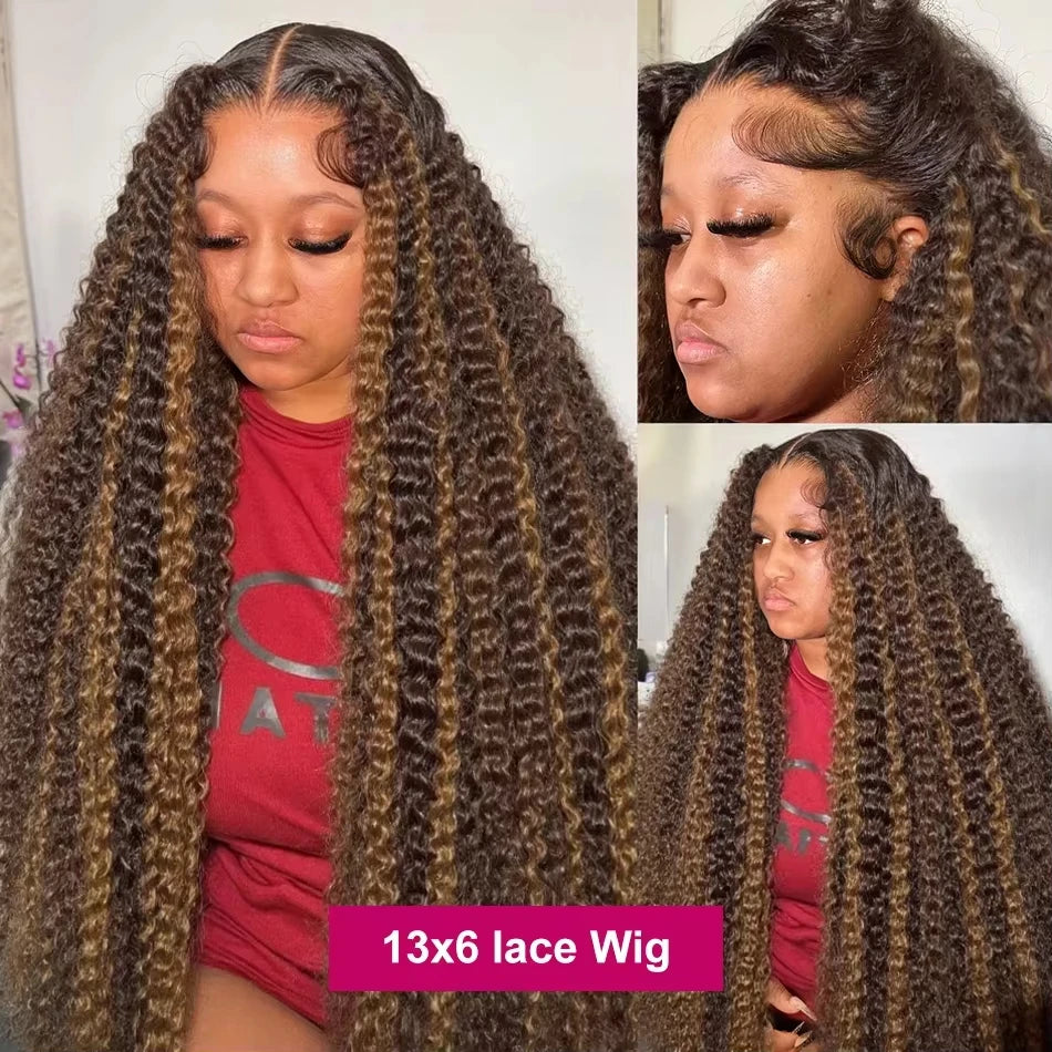 40-inch highlight deep wave human hair wig with 13x6 HD transparent lace frontal, 200% density, long curly brown hair with blonde highlights, middle part, glueless lace front wig shown from front and side views.
