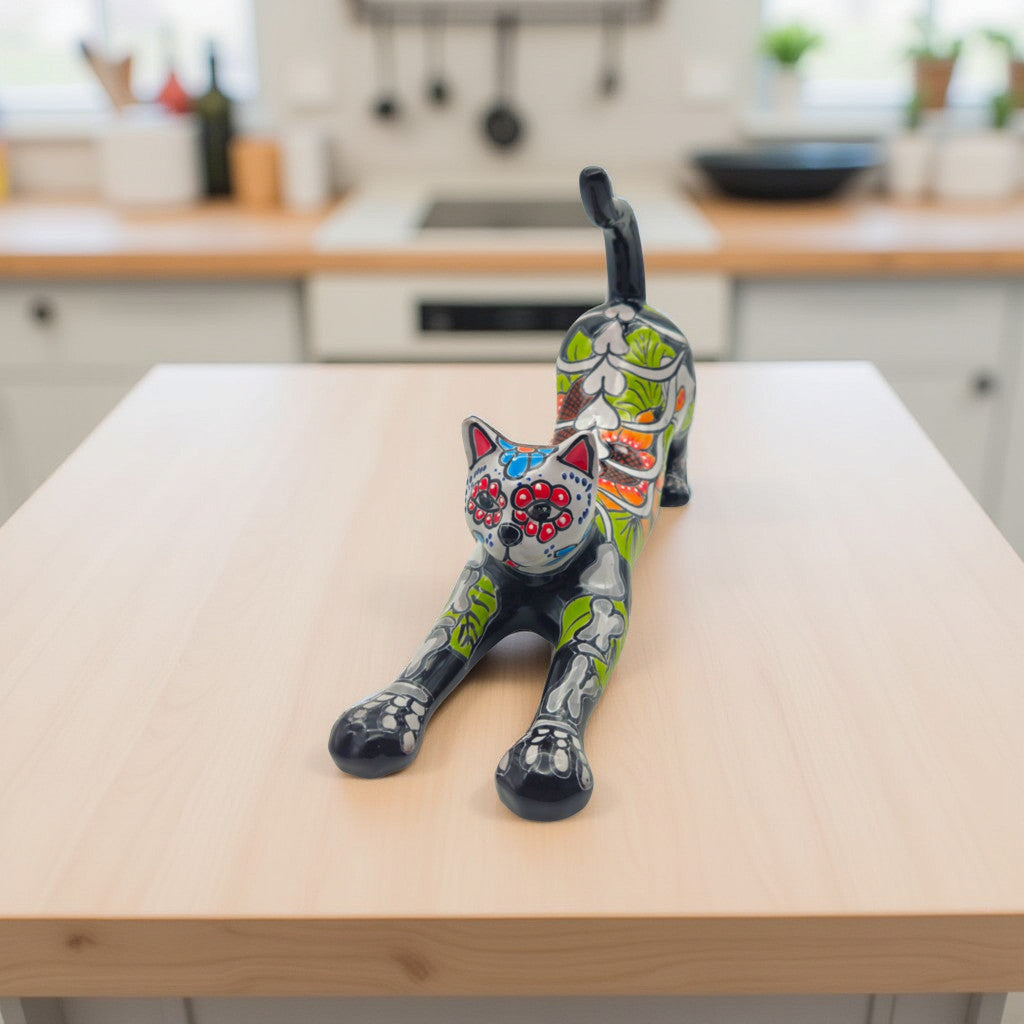 Talavera Stretching Cat Figurine | Mexican Day of the Dead Art
