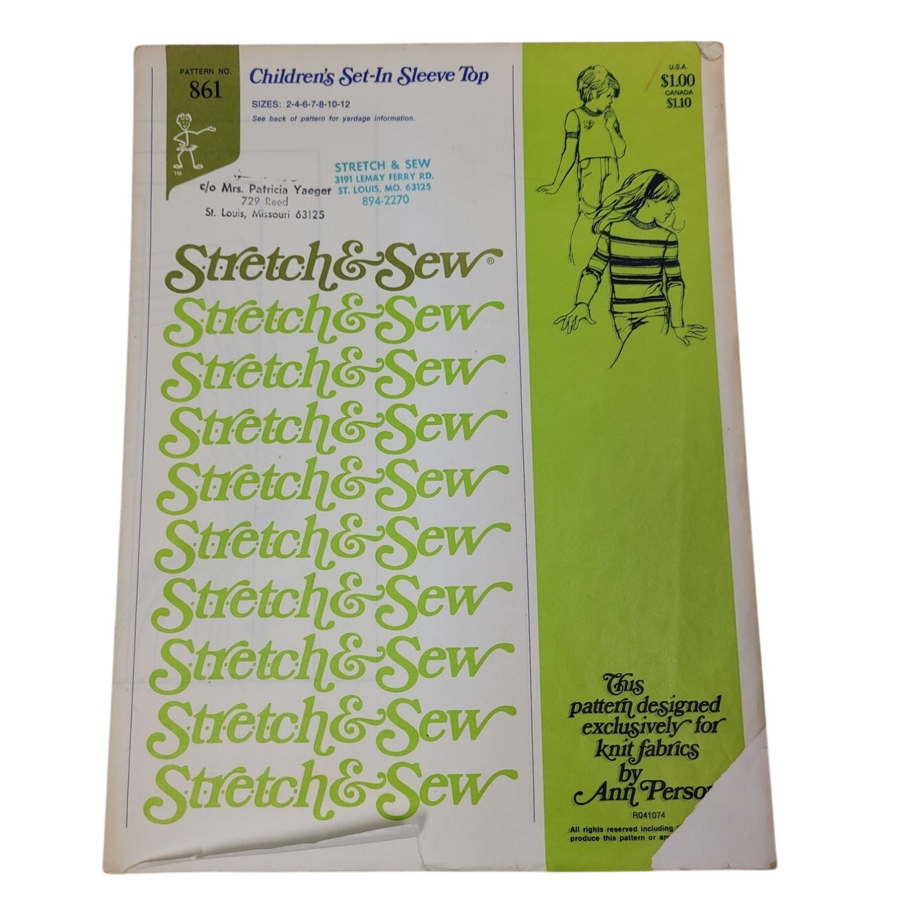 Vintage 1967 Stretch & Sew 861 Childrens Set In Sleeve Top Uncut Sewing Pattern