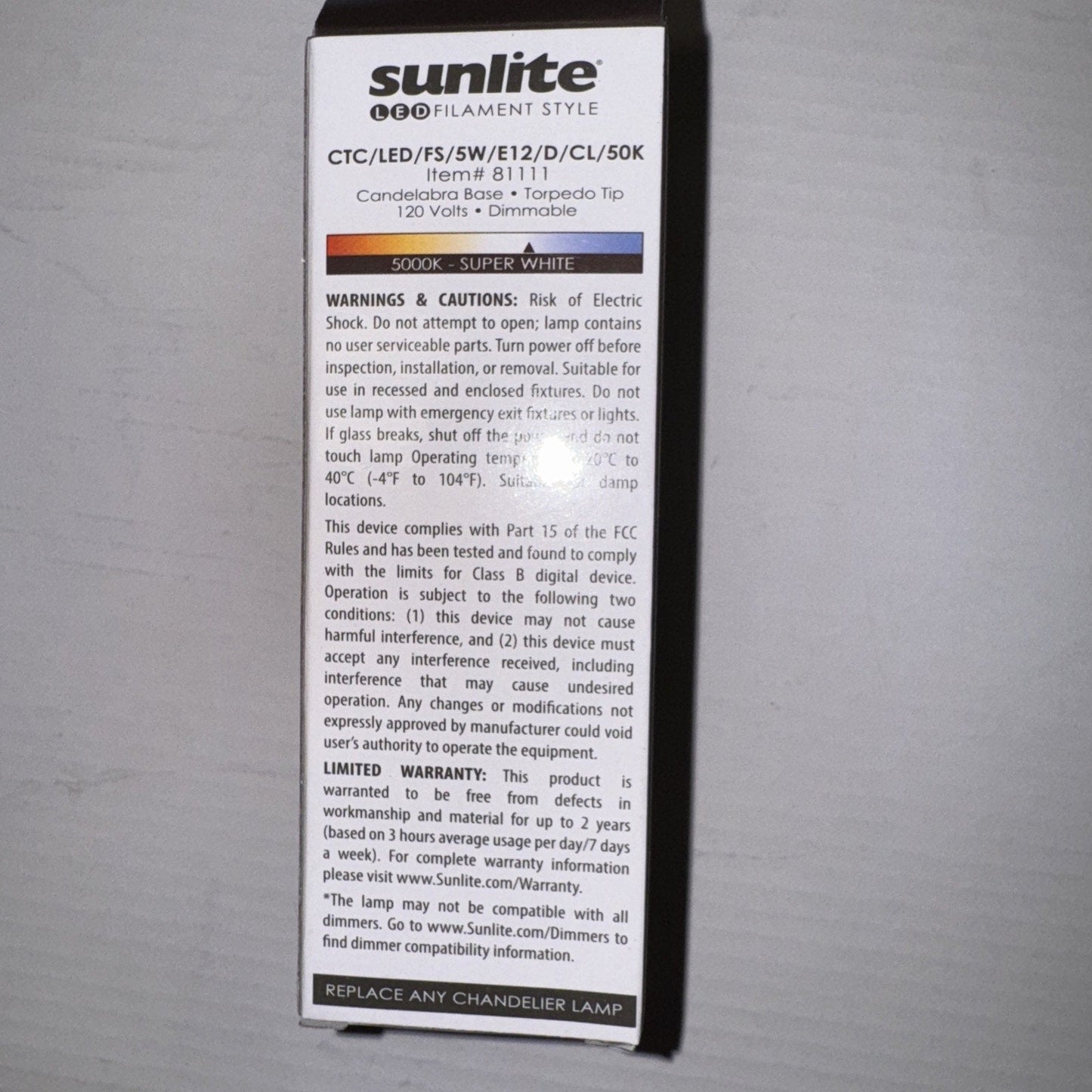 Sunlite Chandelier 5 Watt 120v Item Num.81111 LED 650 Lumens Bulb