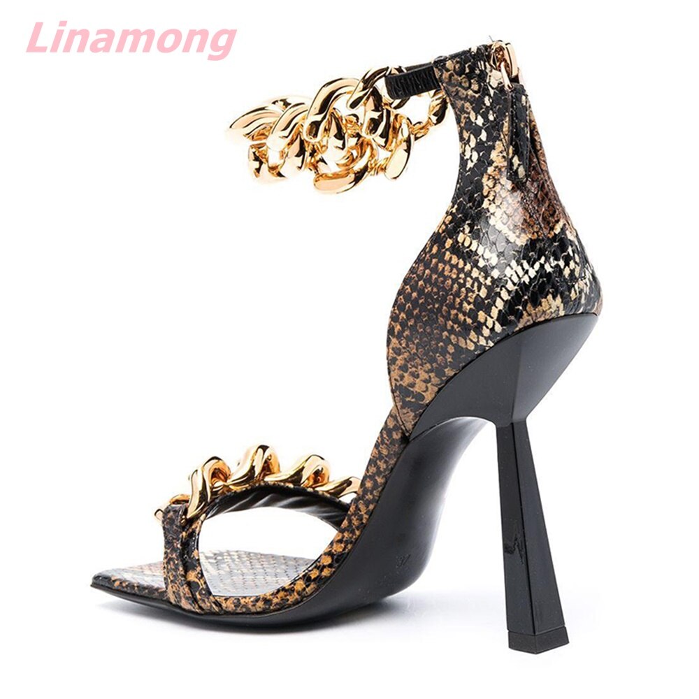 Summer Metal Chain Women Sandals Cover Heel Square Toe Genuine Leather Solid Novelty Casual Women Party Fashion Shoes