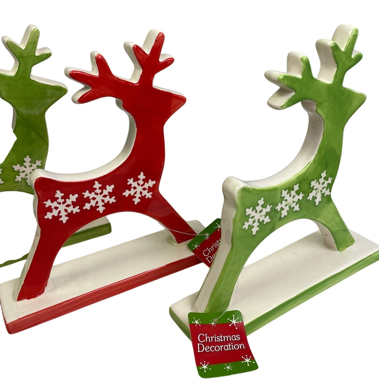 New Set of 5 Ceramic Red Green Snowflake Reindeer Christmas Home Table Decor