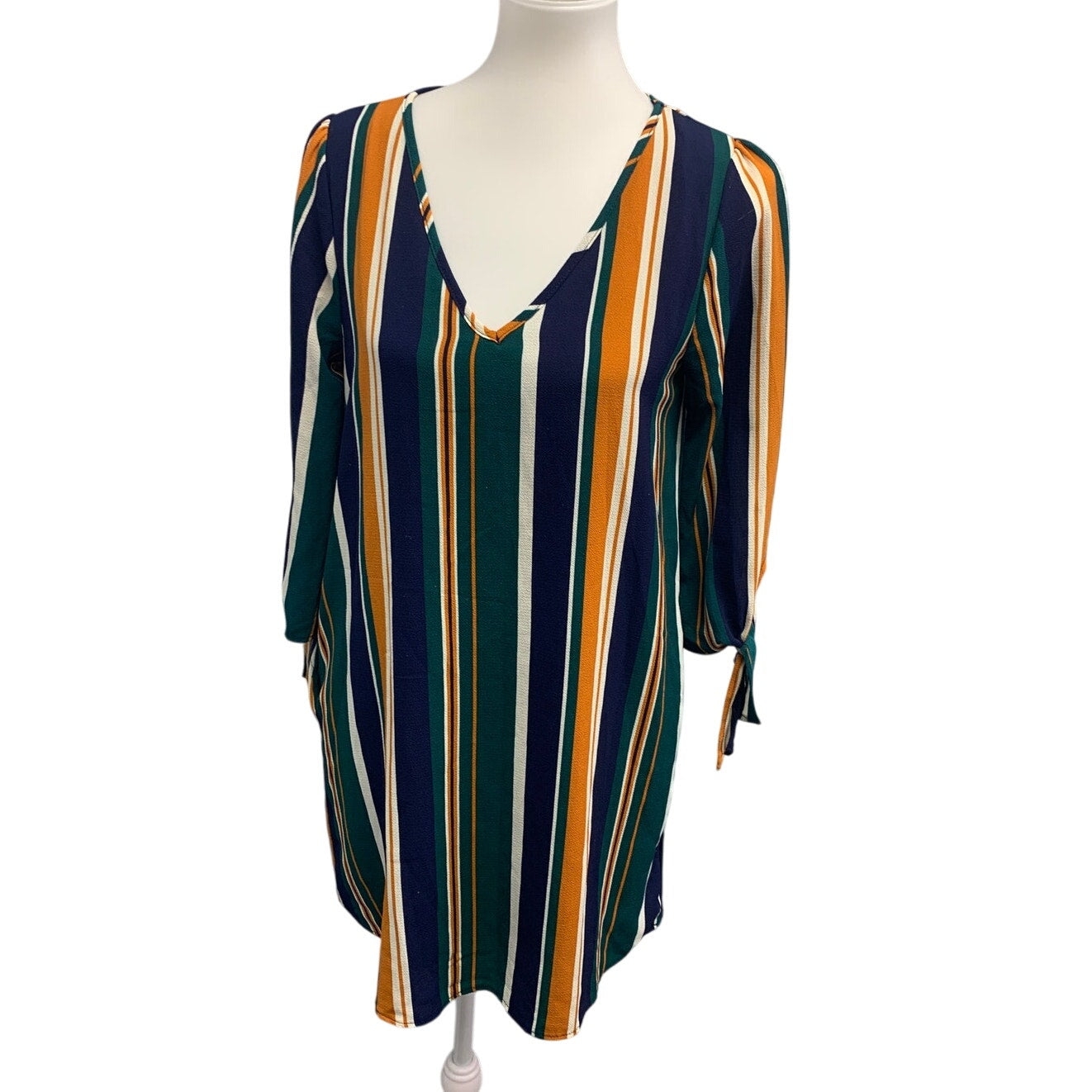 Entro Womens Small Deep V Modern Striped Tie  Long Sleeve Sheath Dress