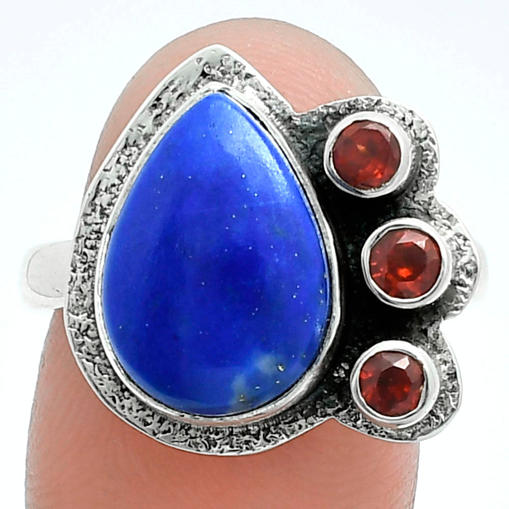 Premium Quality Lapis Lazuli - Afghanistan & Garnet Ring size-9 R-1655 42-ER13691-0