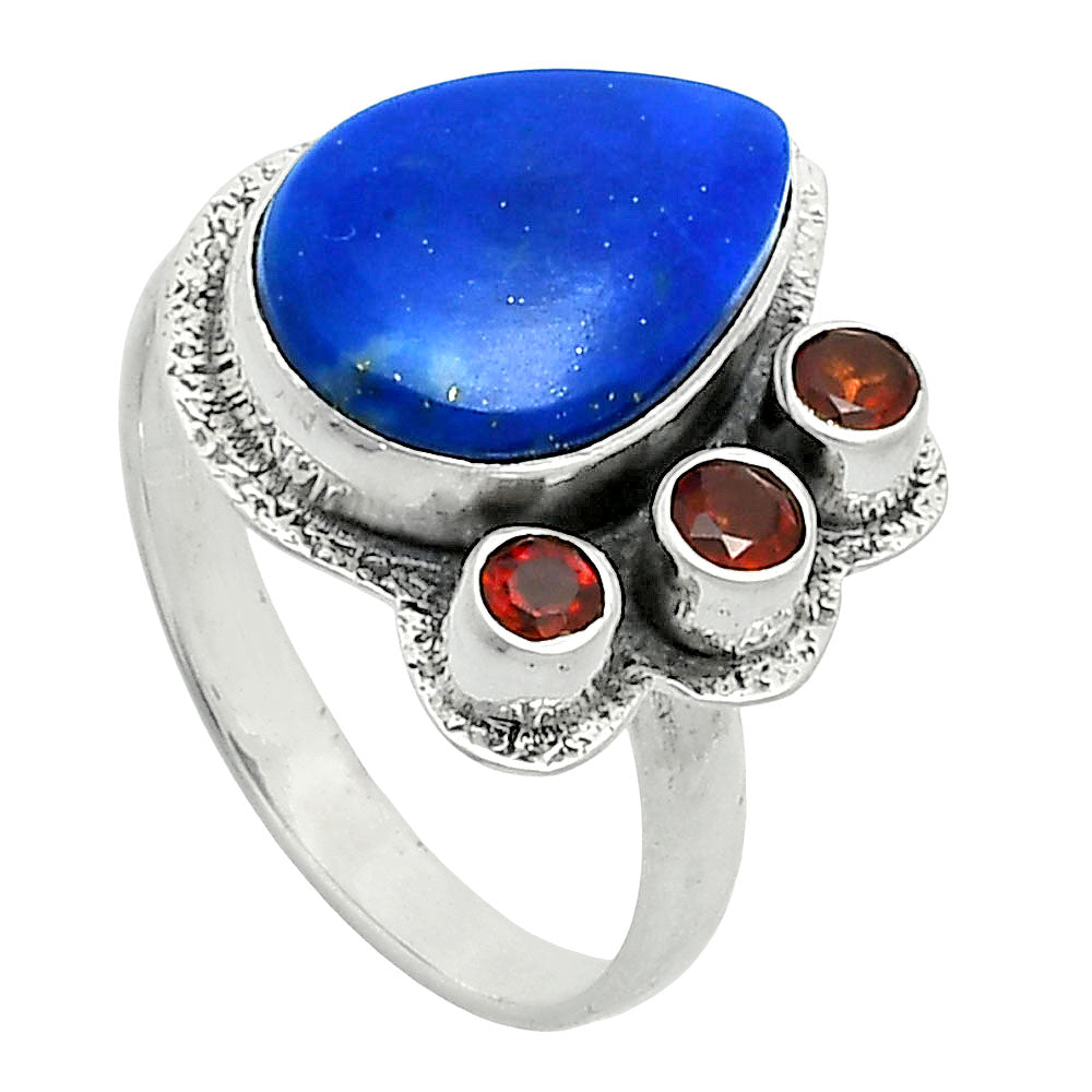 Premium Quality Lapis Lazuli - Afghanistan & Garnet Ring size-9 R-1655 42-ER13691-1