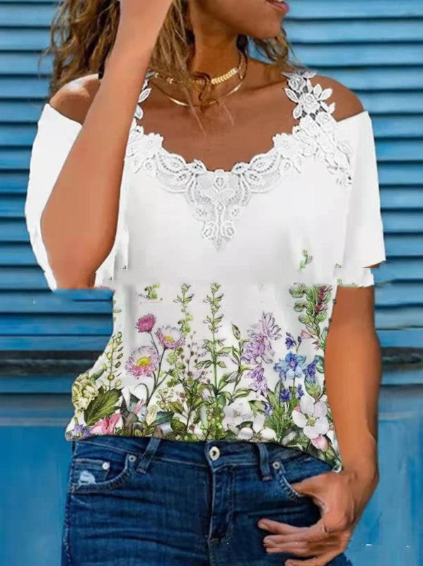 🦋 Vibrant Butterfly Lace Off-Shoulder V-Neck Tee