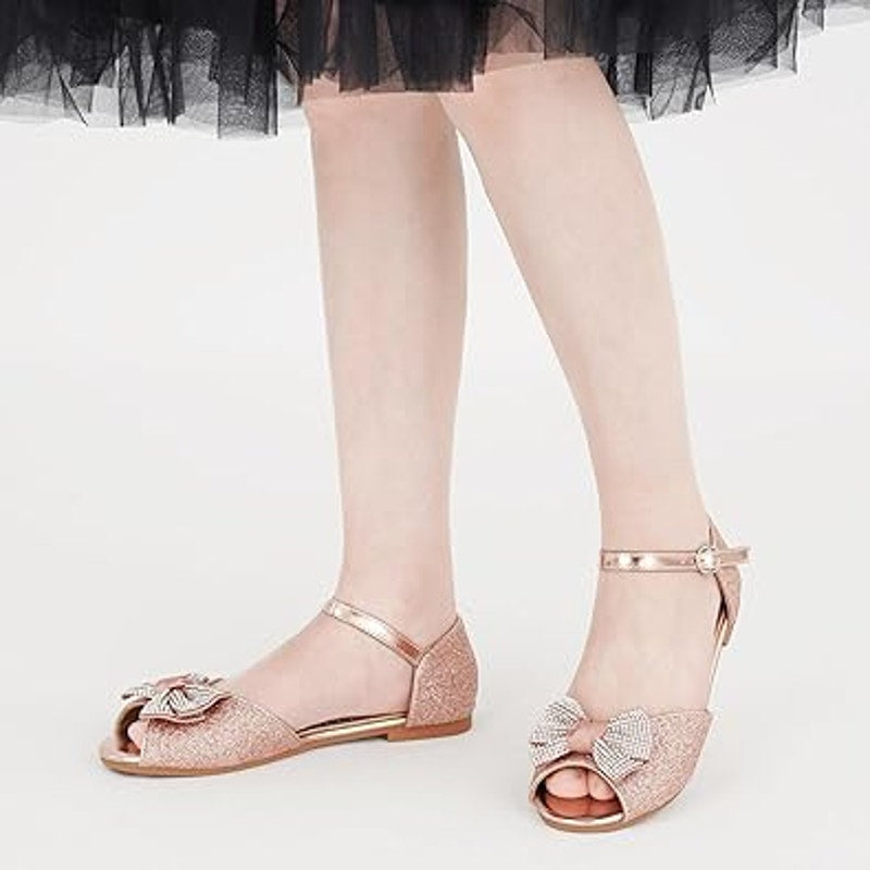 Aomigoct Girls Size 1 Rose Gold Silver Bow Glitter Princess Flat Sandal Shoes