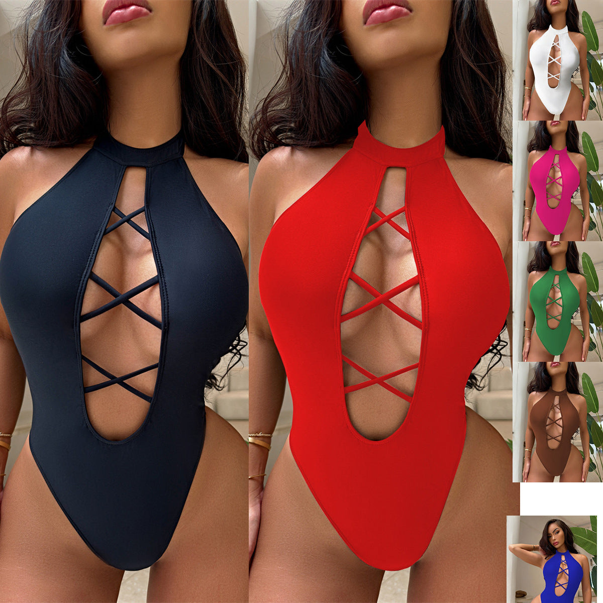 Jumpsuit sexy bikini European and American swimsuit women's neck hanging swimsuit