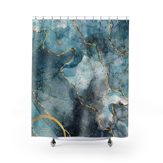 Elegant Abstract Shower Curtain, Boho Bathroom Decor, Blue Gold Home Accent, Gift for Her, Spa Vibes, Modern Interior
