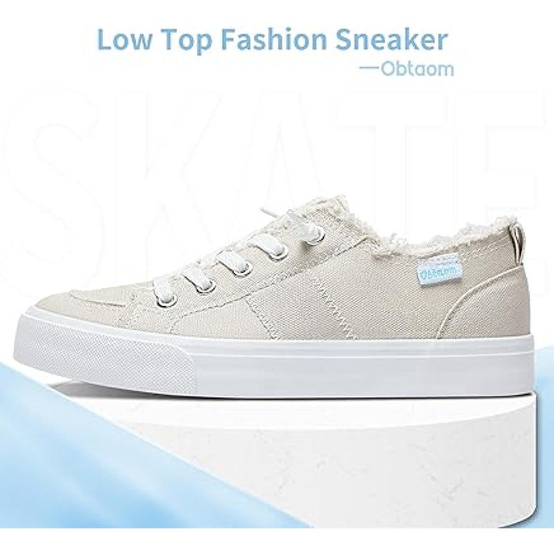 Obtaom Womens Size 7 Tan Lace Up Slip On Natural Canvas Rough Edge Sneaker Shoes