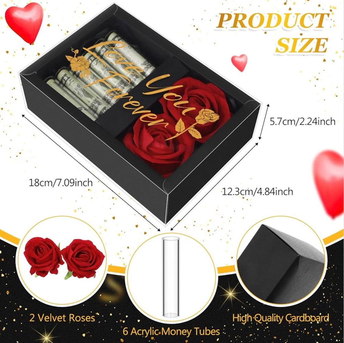 Valentine's Day Money Box for Cash Money Gifts - 2 Velvet Rose Flowers with 6 Acrylic Tubes