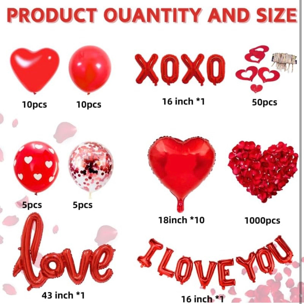 1100 PCS Valentine's Day Balloons Kit with XOXO, Red Heart and I Love You Balloons, 1000 Silk Rose Petals, 50 Heart Hangers for Valentines Decorations Anniversary, Proposal, Romantic Wedding Party