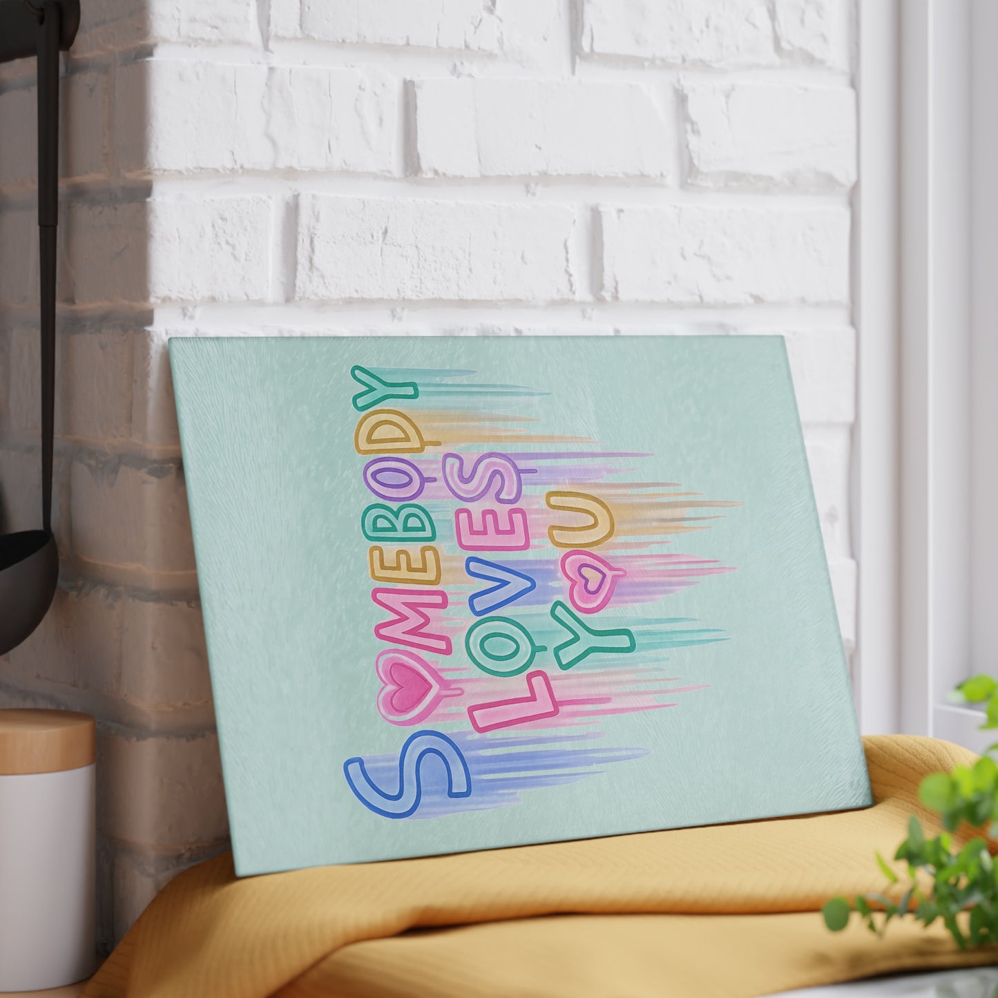 Somebody Loves You Glass Cutting Board — Pastel Rainbow Heart Kitchen Gift