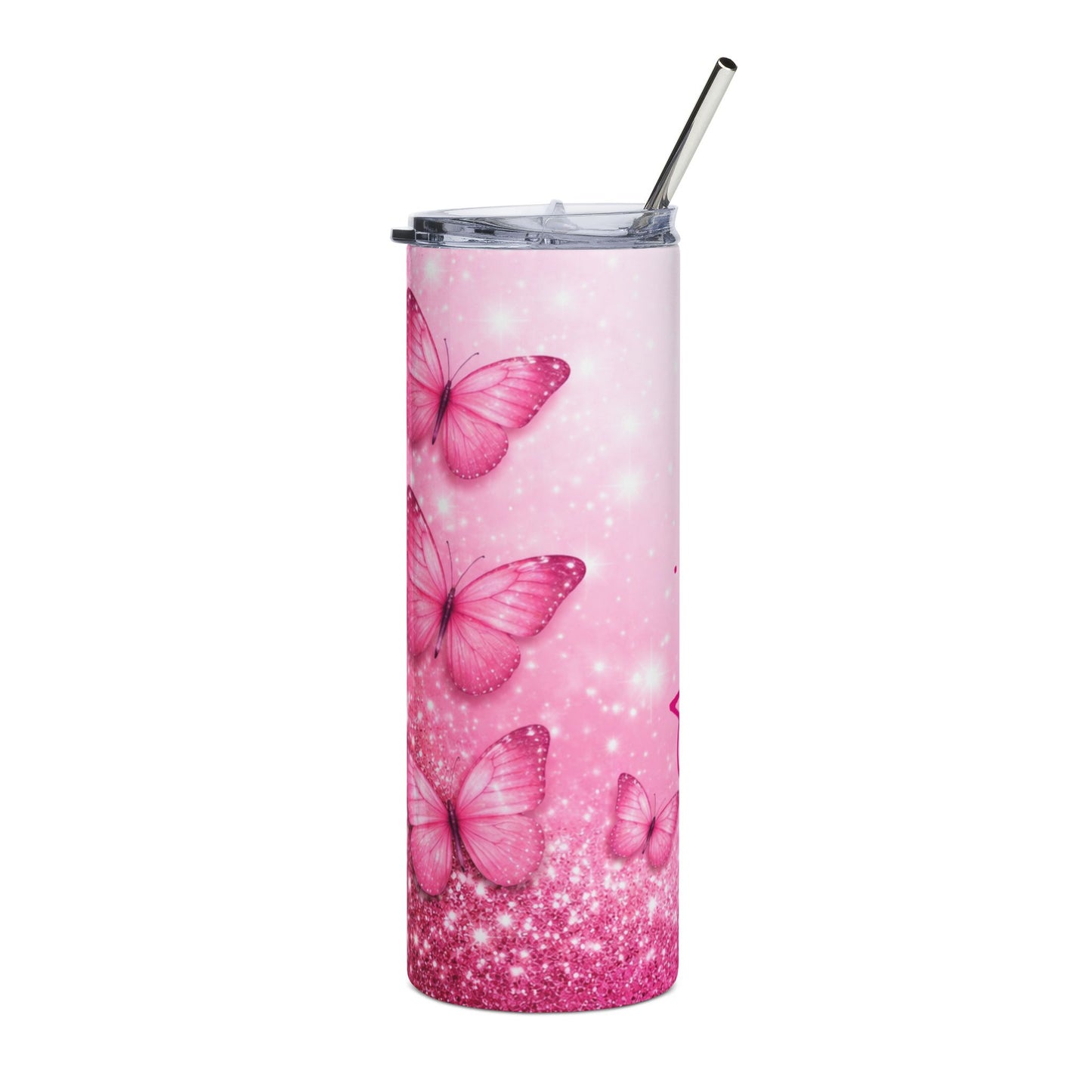 Customized Name - Pink Butterfly Sparkle Tumbler | 20oz Stainless Steel