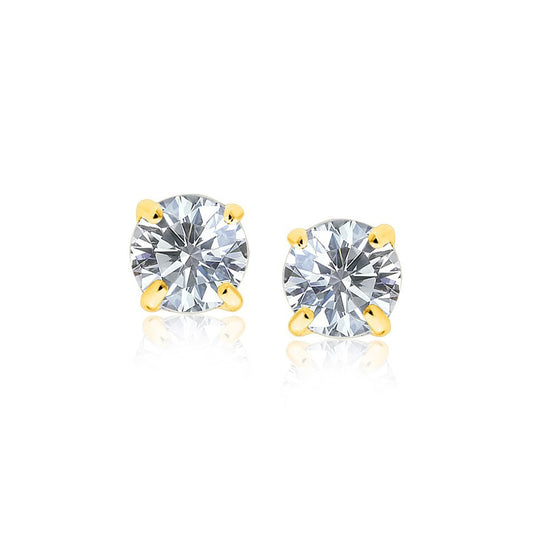 Pair of diamond stud earrings on a white background 14k gold earrings, 14k yellow gold earrings, gold stud earrings, cubic zirconia earrings, cz stud earrings, 7mm stud earrings, solitaire earrings, diamond look earrings, fine jewelry, luxury jewelry, real gold earrings, genuine gold jewelry, yellow gold jewelry, classic stud earrings, everyday earrings, minimalist jewelry, dainty jewelry, elegant earrings, women's earrings, unisex jewelry, bridal earrings, wedding jewelry, bridesmaid gift, anniversary gift