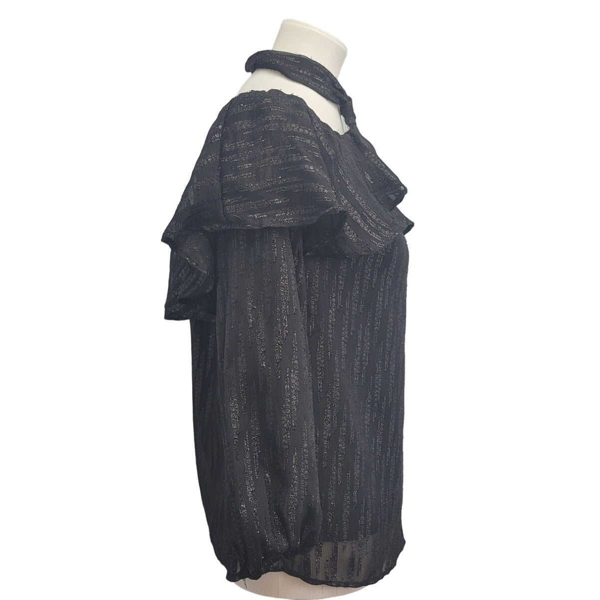 Beige by Eci Womens Small Black Polyester Long Sleeve Sheer Sparkle Lined Top
