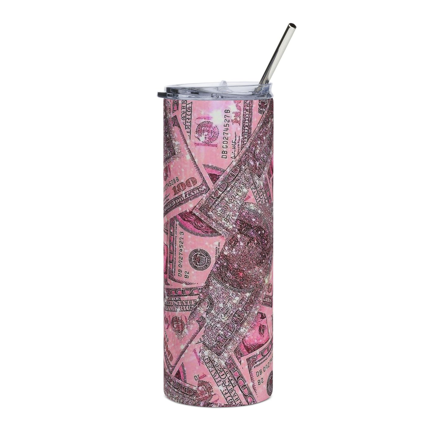 Pink Money Pattern Stainless Steel Tumbler 20oz Glitter Print Cash Design