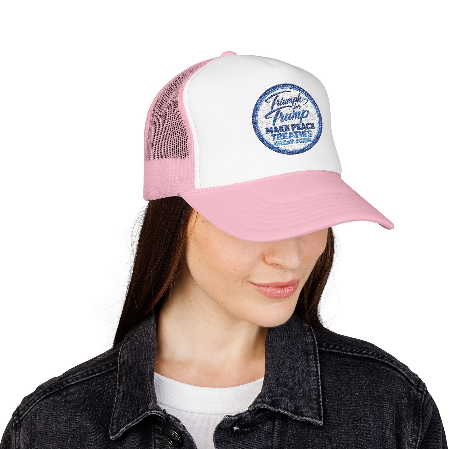 "Triumph for Trump: Make Peace Treaties Great Again" ✨EMBROIDERED Foam Trucker Hat — Vintage Trump Campaign Patch, Only @ LuxeByMimi✨