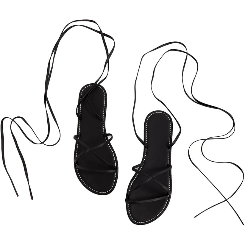 Gorglitter Womens Size 10.5 Black Faux Leather Gladiator Ankle Wrap Flat Sandals