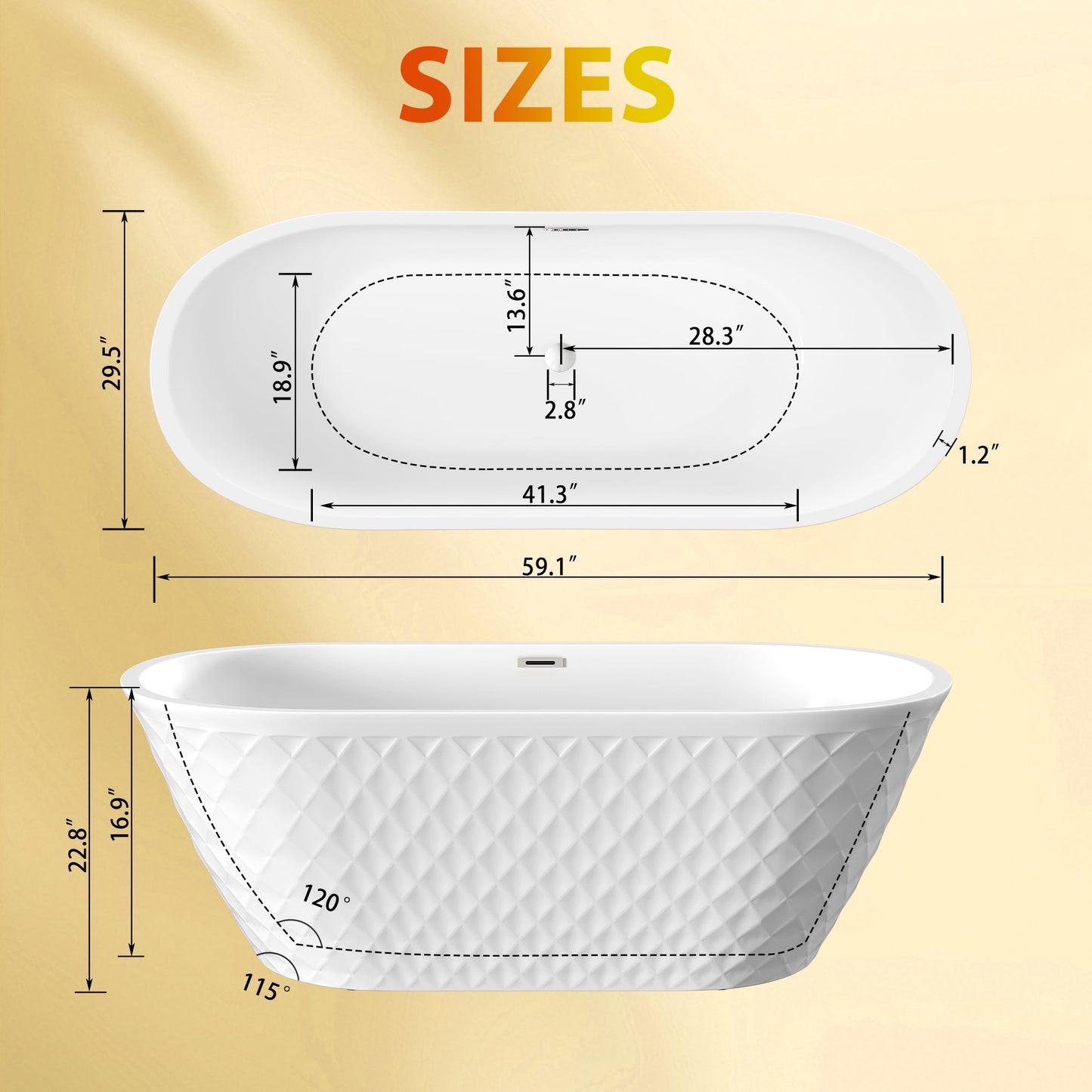 59" Acrylic Freestanding Bathtub with Unique Diamond Pattern Design