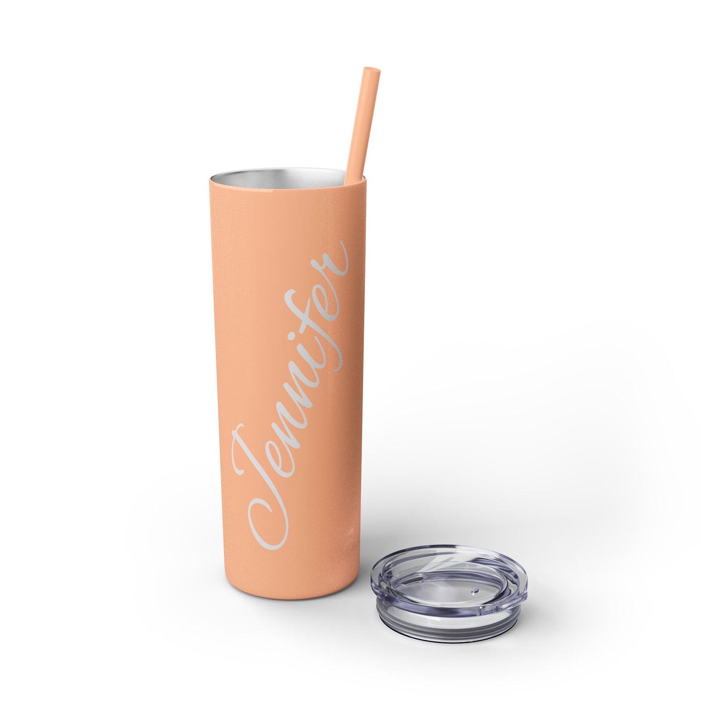 Personalized Skinny Tumbler 20oz – Coral Pink Name Tumbler (Jennifer) with Straw